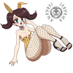 Rule 34 | 1girl, 4m4y0r1, aged down, animal ears, ass, blue eyes, bow, bowtie, breasts, brown hair, chinese zodiac, detached collar, fishnet pantyhose, fishnets, high heels, highres, leotard, open mouth, pantyhose, playboy bunny, skullgirls, small breasts, solo, squigly (skullgirls), thick thighs, thighs, twintails, white background, year of the rabbit