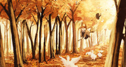 Rule 34 | 1girl, :o, autumn, autumn leaves, bird, black dress, broom, broom riding, brown hair, day, dress, floating hair, flying, forest, goose, hat, hat loss, unworn hat, unworn headwear, hinata (echoloveloli), light particles, long hair, looking afar, nature, original, outdoors, road, twintails, witch, witch hat