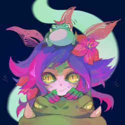Rule 34 | 1girl, flower, frog, hair flower, hair ornament, league of legends, reptile girl, lizard tail, multicolored hair, neeko (league of legends), short hair, solo, tail, yellow eyes