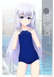 Rule 34 | 1girl, artist name, blue eyes, blue hair, blue one-piece swimsuit, blush, character name, collarbone, commentary request, competition school swimsuit, copyright name, cowboy shot, flat chest, gochuumon wa usagi desu ka?, hair between eyes, hair ornament, hands on own chest, hexagon, highres, inaba shiki, kafuu chino, light blue hair, long hair, looking at viewer, one-piece swimsuit, pool ladder, poolside, school swimsuit, solo, standing, swimsuit, x hair ornament