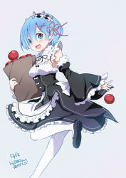 Rule 34 | 10s, 1girl, apple, apron, artist name, bag, black footwear, blue eyes, blue hair, blush, breasts, collar, dated, detached collar, detached sleeves, dress, embarrassed, flower, food, frilled collar, frilled dress, frilled sleeves, frills, fruit, grey background, hair between eyes, hair flower, hair ornament, hair ribbon, highres, holding, holding bag, leg up, long sleeves, maid, maid headdress, mary janes, matching hair/eyes, medium breasts, open mouth, pantyhose, paper bag, puffy long sleeves, puffy sleeves, purple ribbon, ragho no erika, re:zero kara hajimeru isekai seikatsu, rem (re:zero), ribbon, shoes, short hair, signature, simple background, solo, standing, standing on one leg, thighhighs, waist apron, wavy mouth, white flower, white pantyhose, wide sleeves, x hair ornament
