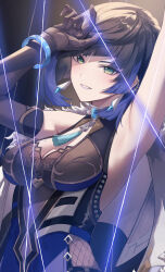 Rule 34 | 1girl, absurdres, arm up, armpits, black gloves, black hair, blue hair, bob cut, breasts, diagonal bangs, earrings, elbow gloves, fishnet fabric, genshin impact, gloves, green eyes, hal aluha, highres, hip vent, jewelry, large breasts, looking at viewer, mole, mole on breast, multicolored hair, smile, solo, upper body, yelan (genshin impact)