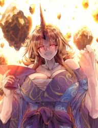 Rule 34 | 1girl, absurdres, arms up, backlighting, blonde hair, blue kimono, breasts, cleavage, clenched hand, commentary request, constricted pupils, cup, debris, fang, grin, head tilt, highres, holding, holding cup, horns, hoshiguma yuugi, hoshiguma yuugi (kimono), japanese clothes, kimono, large breasts, long hair, looking at viewer, muscular, muscular female, obi, off shoulder, pointy ears, red eyes, rock, sakazuki, sarashi, sash, single horn, smile, solo, standing, sunnysideup, touhou, upper body, very long hair, white background
