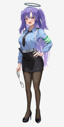 Rule 34 | 1girl, absurdres, black footwear, black necktie, black pantyhose, black skirt, blue archive, blue shirt, blush, breasts, collared shirt, cuffs, dubeaduver, fingernails, full body, halo, high heels, highres, korean commentary, large breasts, long hair, long sleeves, looking at viewer, mechanical halo, necktie, open mouth, pantyhose, pencil skirt, police, police uniform, policewoman, purple eyes, purple hair, shackles, shirt, simple background, skirt, solo, sweat, two side up, uniform, white background, yuuka (blue archive)