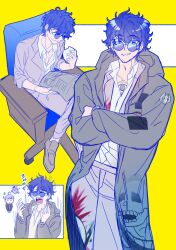 Rule 34 | 2boys, baozi, blue-tinted eyewear, blue eyes, blue hair, chair, chest tattoo, closed mouth, coat, collared shirt, commentary request, crossed arms, crossed legs, dari v3, facial hair, food, glasses, grey coat, grey footwear, grey jacket, grey pants, highres, holding, holding food, holding newspaper, jacket, korean commentary, korean text, long sleeves, looking at viewer, male focus, master detective archives: rain code, multiple boys, multiple views, newspaper, office chair, on chair, open mouth, pants, reading, round eyewear, shinigami (rain code), shirt, short hair, sitting, skull print, smile, stubble, swivel chair, tattoo, tinted eyewear, translation request, white shirt, yakou furio, yellow background, yuma kokohead