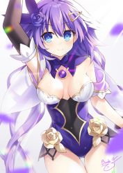 Rule 34 | 1girl, asymmetrical gloves, binato lulu, blue eyes, breasts, cleavage, cosplay, elbow gloves, flower, genshin impact, gloves, hair flower, hair ornament, leotard, lisa (genshin impact), long hair, looking at viewer, medium breasts, neptune (series), power symbol, power symbol-shaped pupils, purple gloves, purple hair, purple heart (neptunia), purple leotard, signature, smile, solo, symbol-shaped pupils, tanaka rie, uneven gloves, voice actor connection