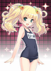 Rule 34 | 1girl, amano yuu, blonde hair, covered navel, cowboy shot, green eyes, long hair, monika weisswind, name tag, old school swimsuit, one-piece swimsuit, open mouth, outline, plaid, plaid background, princess connect!, school swimsuit, solo, sparkle, standing, swimsuit, twintails