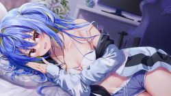 Rule 34 | 1girl, bare shoulders, blue hair, blue shorts, breasts, camisole, collarbone, crop top, highres, jacket, jewelry, kuria (clear trip second), long hair, long sleeves, looking at viewer, lying, midriff, mole, mole on stomach, mole under eye, multicolored hair, navel, necklace, off shoulder, on side, open clothes, open jacket, open mouth, original, purple eyes, shirt, short shorts, shorts, sleeveless, sleeveless shirt, small breasts, smile, solo, spaghetti strap, stomach, strap slip, streaked hair, thighs, two-tone hair, white jacket, white shirt