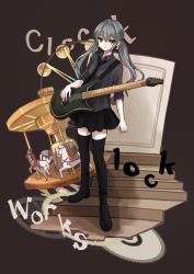 Rule 34 | 1girl, absurdres, boots, carousel, clock lock works (vocaloid), collared shirt, ferris wheel, gears, grey eyes, grey hair, guitar, hatsune miku, highres, instrument, long hair, low twintails, nagitofuu, necktie, on stairs, pleated skirt, shirt, skirt, sleeves rolled up, smile, solo, song name, stairs, thighhighs, twintails, vocaloid