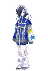 Rule 34 | 1girl, black footwear, black hair, blue eyes, blue hair, blue jacket, closed mouth, denonbu, expressionless, full body, goma irasuto, hair ornament, hair over one eye, hairband, high collar, highres, inukai lulu, jacket, leg warmers, lolita hairband, long sleeves, looking at viewer, multicolored hair, official art, pale skin, second-party source, shoes, short hair, simple background, sleeves past fingers, sleeves past wrists, solo, standing, star (symbol), star print, streaked hair, tachi-e, transparent background, x hair ornament