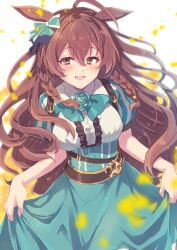 Rule 34 | 1girl, 24mbb, ahoge, animal ears, aqua bow, aqua dress, blurry, blurry foreground, blush, bow, braid, breasts, brown eyes, brown hair, center frills, clothes lift, collared dress, commentary request, dress, dress lift, ear bow, frills, hair between eyes, highres, horse ears, horse girl, lifting own clothes, long hair, medium breasts, mejiro bright (umamusume), open mouth, puffy short sleeves, puffy sleeves, short sleeves, simple background, smile, solo, umamusume, very long hair, white background