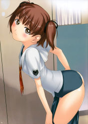 Rule 34 | 1girl, aihara nana, arched back, black one-piece swimsuit, blush, brown eyes, brown hair, clothes pull, highres, kimi kiss, leaning forward, one-piece swimsuit, school swimsuit, school uniform, serafuku, skirt, skirt pull, solo, swimsuit, swimsuit under clothes, tanaka shoutarou, undressing