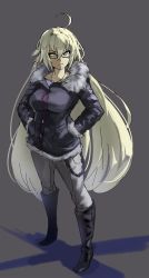 Rule 34 | 1girl, ahoge, bespectacled, blonde hair, boots, breasts, casual, chain, coat, eu03, fate/apocrypha, fate/grand order, fate (series), full body, fur collar, glasses, hair between eyes, hands in pockets, highres, jeanne d&#039;arc (fate), jeanne d&#039;arc alter (avenger) (fate), jeanne d&#039;arc alter (fate), knee boots, long hair, medium breasts, pants, sketch, solo, very long hair, winter clothes, winter coat, yellow eyes