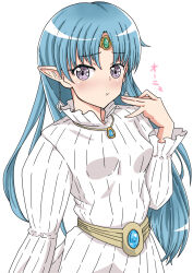 Rule 34 | 1girl, blue hair, breasts, circlet, dress, earrings, grey eyes, highres, jewelry, lafiel, long hair, long sleeves, looking at viewer, necklace, nounaa shi, pointy ears, seikai no senki, simple background, small breasts, solo, very long hair, white background, white dress