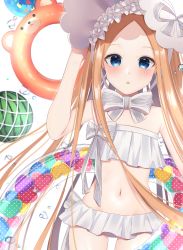 Rule 34 | 1girl, abigail williams (fate), abigail williams (swimsuit foreigner) (fate), bare shoulders, bikini, blonde hair, blue eyes, blush, bonnet, bow, breasts, fate/grand order, fate (series), food, forehead, fruit, hair bow, highres, innertube, long hair, looking at viewer, miniskirt, navel, nerua, open mouth, parted bangs, sidelocks, skirt, small breasts, swim ring, swimsuit, thighs, very long hair, watermelon, white bikini, white bow, white headwear