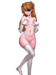 Rule 34 | 1girl, absurdres, adapted costume, artist request, blue eyes, blush, boots, grabbing another&#039;s breast, breasts, brown hair, covering privates, covering breasts, curvy, embarrassed, evangelion: 3.0+1.0 thrice upon a time, eyepatch, gloves, grabbing, highres, long hair, looking at viewer, medium breasts, neon genesis evangelion, nude, plugsuit, rebuild of evangelion, scowl, simple background, solo, souryuu asuka langley, standing, thighhighs, twintails, white background, white thighhighs