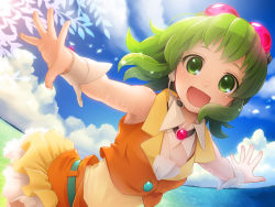 Rule 34 | 1girl, cloud, day, female focus, goggles, green eyes, green hair, gumi, headset, koyama rikako, leaf, matching hair/eyes, ocean, outdoors, outstretched arms, sky, solo, spread arms, vocaloid, wallpaper, wrist cuffs