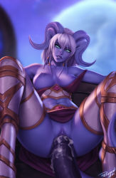 Rule 34 | 1boy, 1girl, animal penis, blue eyes, blue sclera, blue skin, blue sky, blurry, blurry background, breasts, breasts out, clothes lift, colored sclera, colored skin, corset, cum, draenei, head tilt, hetero, highres, hooves, horse penis, large breasts, looking at viewer, medium hair, midriff, monster girl, navel, nipples, outdoors, parted lips, penis, personal ami, red skirt, sex, signature, sitting, skirt, skirt lift, sky, smile, spread legs, tail, tail ornament, tail ring, tentacle sex, tentacles, thighhighs, uncensored, vaginal, warcraft, white hair, white thighhighs, world of warcraft, yrel