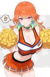 1girl absurdres bluefield breasts cheerleader cleavage closed_mouth earrings feather_earrings feathers gradient_hair highres holding holding_pom_poms hololive hololive_english jewelry large_breasts looking_at_viewer multicolored_hair navel orange_hair pom_pom_(cheerleading) pom_poms purple_eyes skirt smile solo takanashi_kiara virtual_youtuber