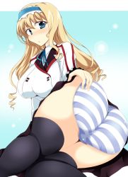 Rule 34 | 10s, 1girl, ass, bad anatomy, bad id, bad pixiv id, breasts, cecilia alcott, female focus, gradient background, highres, hip focus, huge ass, infinite stratos, panties, school uniform, solo, striped clothes, striped panties, thick thighs, thighhighs, thighs, underwear, wedge (tyrl stride), wide hips