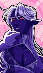 Rule 34 | 1boy, cleavage cutout, clothing cutout, dark skin, drow, elf, fingers to chin, grin, highres, koshetz, long hair, looking to the side, male focus, original, pointy ears, red eyes, smile, smirk, solid eyes, white hair