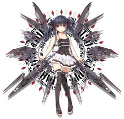 Rule 34 | 1girl, black hair, black thighhighs, blush, camisole, collarbone, full body, kaguyuu, long hair, looking at viewer, mecha musume, original, red eyes, sandals, simple background, skirt, smile, solo, thighhighs, twintails, white background, zettai ryouiki