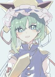 Rule 34 | 1girl, arolayukomori, asymmetrical hair, blue hat, blue vest, blush, buttons, commentary request, epaulettes, flat chest, frilled hat, frills, green eyes, green hair, grey background, hair between eyes, hat, highres, looking at viewer, medium hair, one-hour drawing challenge, open mouth, rod of remorse, shiki eiki, shirt, simple background, smile, solo, touhou, upper body, vest, white shirt
