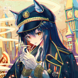 Rule 34 | 1girl, alternate costume, animal ear fluff, animal ears, arknights, black hat, black jacket, black necktie, blue hair, brown eyes, building, cigarette, colored inner hair, cross, ears through headwear, fire, gloves, hat, highres, iron cross, jacket, jacket on shoulders, locked boy, long hair, long sleeves, looking at viewer, military jacket, mouth hold, multicolored hair, necktie, outdoors, parted lips, penguin logistics logo, red hair, sky, smile, smoke, smoking, solo, texas (arknights), two-tone hair, upper body, v-shaped eyebrows, watermark, white gloves, wolf ears, yellow sky