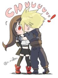 Rule 34 | 1boy, 1girl, armor, black gloves, black skirt, black thighhighs, blonde hair, blue pants, blue sweater, blush, boots, breasts, brown hair, cloud strife, couple, crop top, earrings, elbow gloves, final fantasy, final fantasy vii, final fantasy vii remake, full body, gloves, hands on another&#039;s shoulders, jewelry, kiss, large breasts, long hair, low-tied long hair, nidou (rechlo), pants, red eyes, red footwear, shoulder armor, skirt, sleeveless, sleeveless turtleneck, spiked hair, square enix, standing, stud earrings, surprise kiss, surprised, suspender skirt, suspenders, sweater, tank top, thighhighs, tifa lockhart, turtleneck, turtleneck sweater, twitter username, white background, white tank top, zettai ryouiki