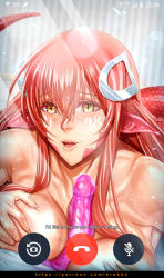 Rule 34 | 1girl, breasts, cellphone, cellphone display, dildo, jewelry, krabbytheartist, lamia, large breasts, miia (monster musume), monster girl, monster musume no iru nichijou, patreon username, phone, red hair, ring, scales, sex toy, tail
