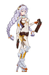 Rule 34 | 1girl, absurdres, blue eyes, bodysuit, boots, braid, breasts, cleavage, cleavage cutout, clothing cutout, commentary request, covered navel, dual wielding, from side, full body, gun, hair ornament, hairband, high heel boots, high heels, highres, holding, holding gun, holding weapon, honkai (series), honkai impact 3rd, kiana kaslana, kiana kaslana (white comet), leg up, long hair, medium breasts, northman, silver hair, skin tight, smile, solo, standing, standing on one leg, star (symbol), star hair ornament, twin braids, twintails, very long hair, weapon, white footwear