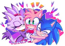 Rule 34 | 1boy, 2girls, amy rose, bisexual female, bisexual flag, blaze the cat, blue fur, blush, boy and girl sandwich, cat girl, cat tail, closed eyes, eyelashes, forehead jewel, furry, furry female, furry male, gloves, gold necklace, green eyes, group hug, heart, highres, hug, jacket, jewelry, multiple girls, necklace, pink fur, ponytail, purple jacket, sandwiched, smirk, sonic (series), sonic the hedgehog, tail, wizaria
