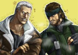 Rule 34 | 2boys, au11, bad id, bad pixiv id, bandana, batou (gits), beard, big boss, blue eyes, brown hair, cigar, crossover, eyepatch, facial hair, ghost in the shell, gloves, jacket, male focus, manly, metal gear (series), metal gear solid, metal gear solid 3: snake eater, multiple boys, mustache, naked snake, ohtsuka akio, voice actor connection, white hair