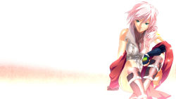 Rule 34 | 10s, 1girl, castella, female focus, final fantasy, final fantasy xiii, fingerless gloves, gloves, green eyes, highres, jewelry, lightning farron, necklace, pink hair, sitting, sleeveless, solo, square enix, thigh strap, white background