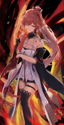 Rule 34 | 1girl, ahoge, arm under breasts, bare shoulders, black bow, black collar, black jacket, black thighhighs, bow, breasts, bright pupils, changli (wuthering waves), chinese commentary, cleavage, clothing cutout, collar, collarbone, colored extremities, commentary, cowboy shot, dress, feet out of frame, finger to mouth, hair bow, hair extensions, hair intakes, hair ornament, halterneck, highres, jacket, jacket partially removed, jianjia, large breasts, long hair, looking at viewer, multicolored hair, open clothes, open jacket, ponytail, red hair, red hands, shushing, smile, solo, tacet mark (wuthering waves), thigh strap, thighhighs, two-tone hair, underboob cutout, very long hair, white bow, white dress, white hair, white pupils, wuthering waves, yellow eyes