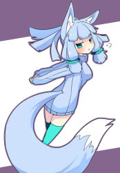 Rule 34 | 1girl, angry, animal ears, aqua eyes, blue hair, blush, fox ears, fox tail, kedamaton, kogetsu tooka, looking at viewer, looking back, original, ribbed sweater, simple background, solo, sweater, tail, thighhighs, turtleneck