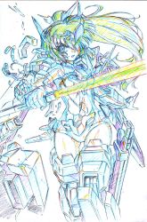 Rule 34 | 1girl, colored pencil (medium), commentary request, energy sword, gloves, headgear, high ponytail, highres, holding, holding sword, holding weapon, kumichou (ef65-1118-ef81-95), long hair, looking at viewer, mecha musume, mechanical legs, monochrome, original, shattered, sheath, sketch, solo, sword, thighs, torn clothes, traditional media, vambraces, weapon, white background