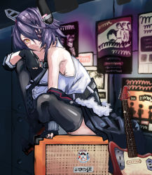 Rule 34 | 1girl, amplifier, bare shoulders, black gloves, black thighhighs, breasts, checkered clothes, checkered neckwear, eyepatch, fingerless gloves, gloves, guitar, hair over one eye, headgear, highres, indoors, instrument, kantai collection, large breasts, looking at viewer, necktie, panda (heart sink), partially fingerless gloves, poster (object), purple hair, shirt, short hair, sitting, sleeveless, sleeveless shirt, tenryuu (kancolle), thighhighs, yellow eyes