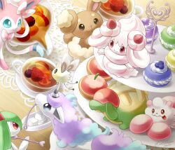 Rule 34 | alcremie, alcremie (strawberry sweet), appletun, artist name, blue eyes, blueberry, bright pupils, brown eyes, buneary, closed mouth, commentary request, creatures (company), cup, cutiefly, flying, food, fruit, galarian form, galarian ponyta, game freak, gen 3 pokemon, gen 4 pokemon, gen 6 pokemon, gen 7 pokemon, gen 8 pokemon, glass teapot, heart, highres, holding, holding spoon, horns, kirlia, macaron, mochi, mouth hold, nintendo, no humans, pokemon, pokemon (creature), pouring, red eyes, sasabunecafe, saucer, signature, single horn, smile, spoon, strawberry, sugar cube, swirlix, sylveon, table, tart (food), tea, teacup, teapot, teaspoon, tiered tray, tongue, tongue out, twitter username, white pupils