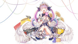 Rule 34 | 1girl, :d, ? block, ^ ^, absurdres, ahoge, anchor, anchor symbol, apex legends, black headwear, blue dress, blue footwear, blue hair, blue ribbon, box, cauldron, character doll, closed eyes, commentary request, dress, facing viewer, feathered wings, flower, frilled dress, frills, getting over it, gift, gift box, golden cauldron, hair flower, hair ornament, hair ribbon, hammer, hat, highres, holding, holding stuffed toy, hololive, kagura gumi, kagura mea, knees together feet apart, knees up, long hair, low wings, maid headdress, mario (series), minato aqua, minato aqua (1st costume), multicolored hair, nintendo, no socks, open mouth, peaked cap, pink flower, pink hair, pink rose, puffy short sleeves, puffy sleeves, reflection, ribbon, rose, shoes, short sleeves, simple background, sitting, sledgehammer, smile, streaked hair, stuffed animal, stuffed cat, stuffed rabbit, stuffed toy, sunflower, super mario bros. 1, tetris, twintails, two-tone hair, very long hair, virtual youtuber, white background, white flower, white wings, wings, xuu shi times, yellow flower