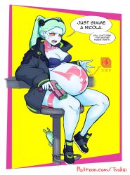 Rule 34 | 1girl, absurdres, artificial eye, artist name, bar stool, big belly, black footwear, blue bra, blush, border, bra, breasts, coat, collarbone, colored sclera, colored skin, commentary, cyberpunk (series), cyberpunk edgerunners, english commentary, english text, full body, green eyes, green hair, gun, hairband, handgun, highres, holding, holding gun, holding weapon, leg tattoo, long hair, looking at viewer, mechanical eye, medium breasts, navel, neck tattoo, open hand, open mouth, outie navel, outside border, patreon username, pink border, pink tattoo, pregnant, purple lips, rebecca (cyberpunk), red pupils, red sclera, samurai jacket (cyberpunk), shoes, sitting, sleeves past wrists, sneakers, solo, speech bubble, stomach tattoo, stool, sweatdrop, tattoo, teeth, thick thighs, thighs, tsukijitums, twintails, underwear, watermark, weapon, web address, white border, white skin, yellow background