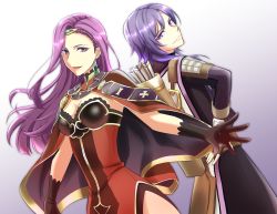 Rule 34 | 1boy, 1girl, arrow (projectile), back-to-back, breasts, brown eyes, cape, cleavage, fingerless gloves, fire emblem, fire emblem echoes: shadows of valentia, gloves, highres, kakiko210, leon (fire emblem echoes), medium breasts, nintendo, purple eyes, purple hair, quiver, smile, sonya (fire emblem gaiden), tiara