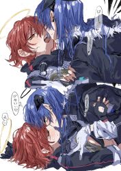 2girls arknights blue_hair blue_tongue colored_tongue demon_horns detached_wings exusiai_(arknights) french_kiss fur-trimmed_hood fur_trim halo highres hood horns jacket kiss long_tongue lying mostima_(arknights) multiple_girls na_tarapisu153 on_back red_hair saliva short_hair tongue tongue_out white_jacket wings yuri