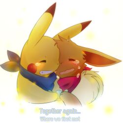 Rule 34 | ^ ^, animal focus, badge, bandana, blue bandana, blush, blush stickers, cheek-to-cheek, closed eyes, clothed pokemon, creatures (company), eevee, english text, game freak, gen 1 pokemon, grin, happy, heads together, highres, holding, k.z.r, light particles, neck fur, nintendo, no humans, open mouth, pikachu, pokemon, pokemon (creature), pokemon mystery dungeon, pokemon mystery dungeon: explorers of time/darkness/sky, red bandana, sad, simple background, smile, tears, teeth, upper body, wavy mouth, white background