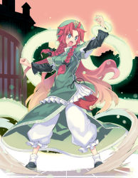 Rule 34 | 1girl, bell, bloomers, blue eyes, braid, chinese clothes, clenched hands, embellished costume, female focus, fighting stance, gate, hair ribbon, hat, hong meiling, layered sleeves, long hair, long sleeves, morino hon, open mouth, pants, raised fist, red hair, ribbon, scarlet devil mansion, shawl, shirt, short over long sleeves, short sleeves, side slit, skirt, skirt set, solo, star (symbol), touhou, twin braids, underwear