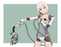 Rule 34 | 1girl, android, blonde hair, cable, holding, mechanical parts, original, short hair, simple background, solo, sukabu