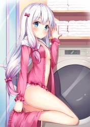 Rule 34 | 1girl, :o, adrenaline!!!, bare legs, bow, breasts, commentary request, eromanga sensei, frilled sleeves, frills, gradient hair, hair bow, indoors, izumi sagiri, leg up, long hair, long sleeves, looking at viewer, low-tied long hair, multicolored hair, no bra, off shoulder, open mouth, open pajamas, pajamas, panties, parted lips, pink bow, pink hair, pink panties, pink shorts, shiero., shiny skin, shorts, sidelocks, silver hair, small breasts, solo, standing, standing on one leg, tareme, towel, unbuttoned, underwear, undressing, very long hair, washing machine