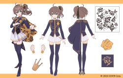 Rule 34 | ahoge, black ribbon, blue capelet, blue jacket, blue thighhighs, boots, breasts, brown hair, capelet, character sheet, commentary request, crown, earrings, epaulettes, full body, green eyes, hair ribbon, haruwo, high heels, highres, hololive, jacket, jewelry, medium breasts, military jacket, natsuiro matsuri, official art, parted bangs, pleated skirt, reaching, reaching towards viewer, ribbon, side ponytail, sidelocks, skirt, standing, thigh boots, thighhighs, virtual youtuber, white skirt, yellow nails