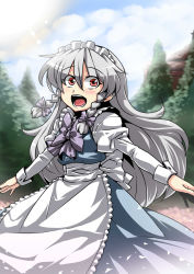 Rule 34 | 1girl, age regression, alternate hairstyle, apron, arms at sides, braid, cloud, day, highres, izayoi sakuya, long hair, looking at viewer, maid, maid apron, maid headdress, outdoors, red eyes, ribbon, scarlet devil mansion, silver hair, sky, smile, smiley face, solo, touhou, tree, tukiwani, twin braids, aged down
