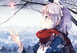 Rule 34 | 1girl, absurdres, blue eyes, day, fixed, from side, glowing, glowing petals, gradient background, highres, huge filesize, izayoi sakuya, ke-ta, maid, maid headdress, outdoors, perfect cherry blossom, petals, profile, red scarf, scan, scarf, silver hair, snow, snowing, solo, touhou